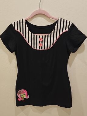 Black Top with Pink Trim and Striped Yoke